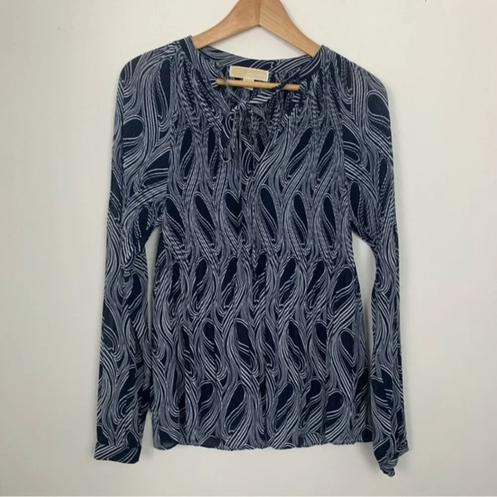 Michael Kors Long Sleeve Navy Wave Print Blouse - Picture 2 of 9